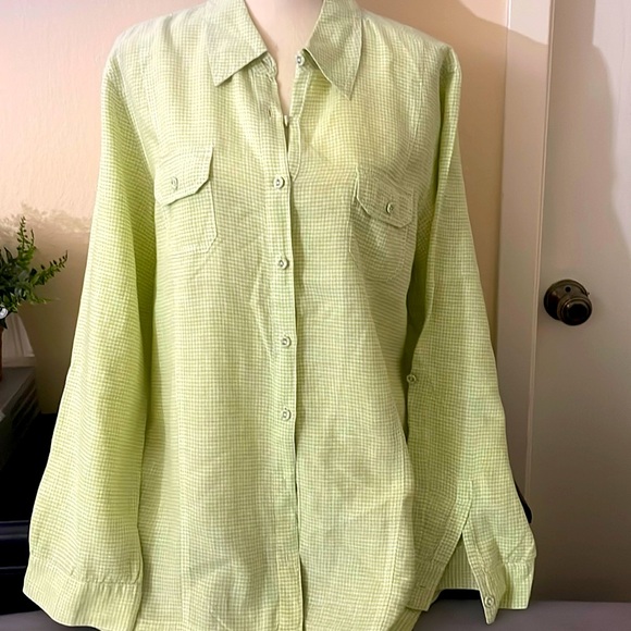 Chico’s Lime Green Gingham Linen Shirt Size 3 - Picture 1 of 5